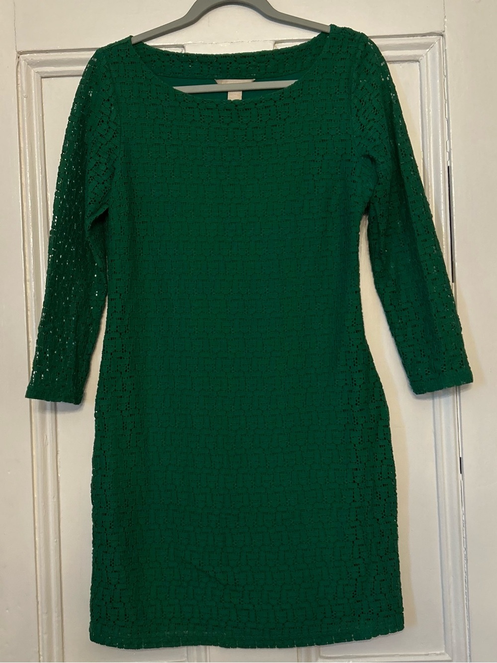 Banana Republic Emerald Green Basketweave Lace Shift Dress size 6 sheer Sleeves
